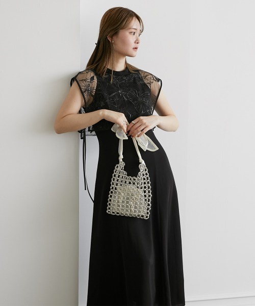 結婚式・パーティードレス】スパンコール付き刺繍パフスリーブ