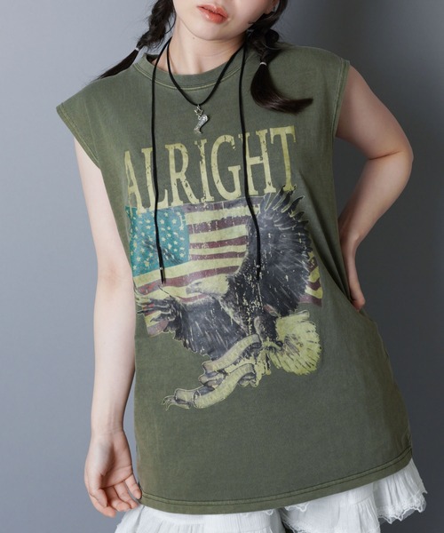 SPINNS（スピンズ）の「ピグメント加工ノースリーブTシャツ/レトロイーグル/短丈/古着風（Tシャツ/カットソー・メンズ・ブラック/カーキ・ONESIZE）」の2枚目の写真