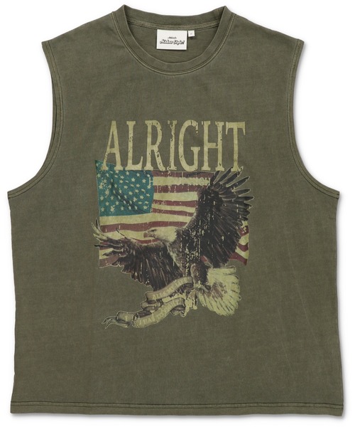 SPINNS（スピンズ）の「ピグメント加工ノースリーブTシャツ/レトロイーグル/短丈/古着風（Tシャツ/カットソー・メンズ・ブラック/カーキ・ONESIZE）」の4枚目の写真