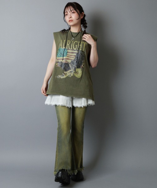 SPINNS（スピンズ）の「ピグメント加工ノースリーブTシャツ/レトロイーグル/短丈/古着風（Tシャツ/カットソー・メンズ・ブラック/カーキ・ONESIZE）」の10枚目の写真