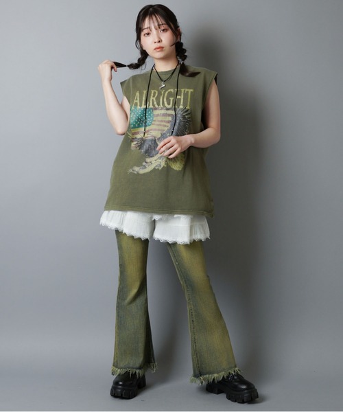 SPINNS（スピンズ）の「ピグメント加工ノースリーブTシャツ/レトロイーグル/短丈/古着風（Tシャツ/カットソー・メンズ・ブラック/カーキ・ONESIZE）」の11枚目の写真