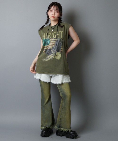 SPINNS（スピンズ）の「ピグメント加工ノースリーブTシャツ/レトロイーグル/短丈/古着風（Tシャツ/カットソー・メンズ・ブラック/カーキ・ONESIZE）」の12枚目の写真