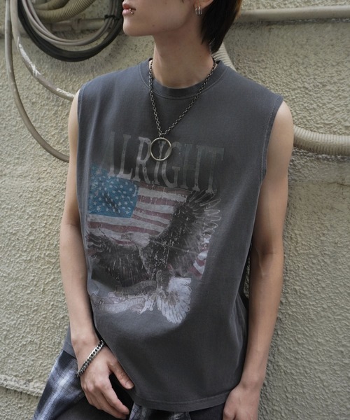 SPINNS（スピンズ）の「ピグメント加工ノースリーブTシャツ/レトロイーグル/短丈/古着風（Tシャツ/カットソー・メンズ・ブラック/カーキ・ONESIZE）」の15枚目の写真