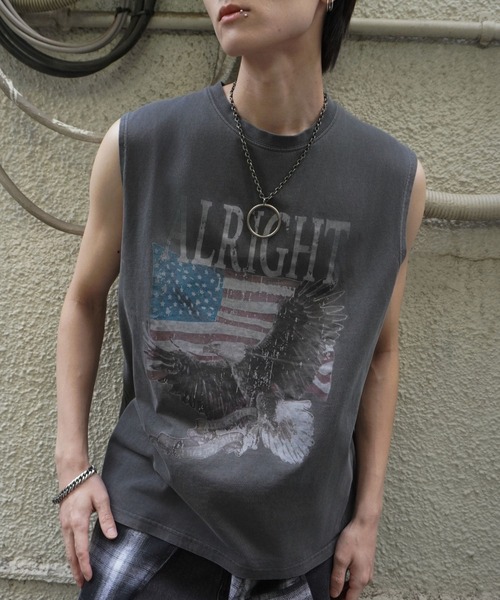 SPINNS（スピンズ）の「ピグメント加工ノースリーブTシャツ/レトロイーグル/短丈/古着風（Tシャツ/カットソー・メンズ・ブラック/カーキ・ONESIZE）」の16枚目の写真