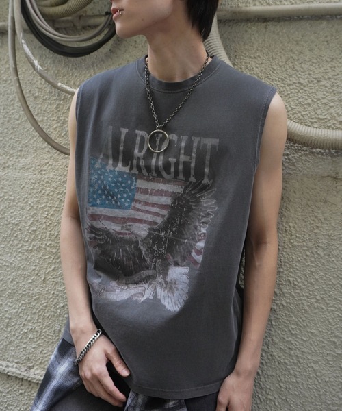 SPINNS（スピンズ）の「ピグメント加工ノースリーブTシャツ/レトロイーグル/短丈/古着風（Tシャツ/カットソー・メンズ・ブラック/カーキ・ONESIZE）」の17枚目の写真