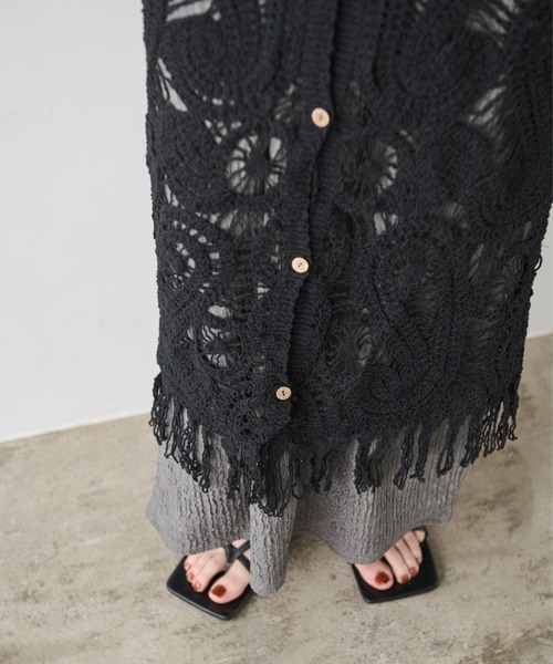 Junya Watanabe 編みデザインフリンジ半袖ワンピース 黒 CAPE セール】かぎ針編みフリンジブラックロングワンピース