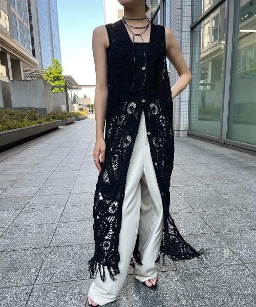 セール】かぎ針編みフリンジブラックロングワンピース