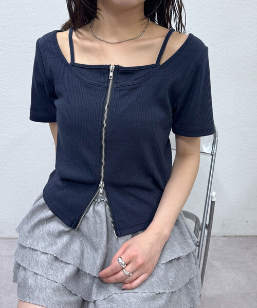 mline（エムライン）の「[mline]レイヤードWZIPT（Tシャツ/カットソー・レディース・グレー/オフホワイト/ネイビー/ピンク・FREE）」の13枚目の写真