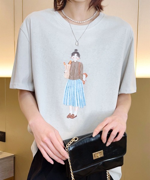 aimoha(アイモハ)の「かわいいイラストプリントTシャツ (SS)(Tシャツ/カットソー・レディース・ライトグレー/ネイビー/グレー/オフホワイト/カーキ/バーガンディー・FREE)」の3枚目の写真
