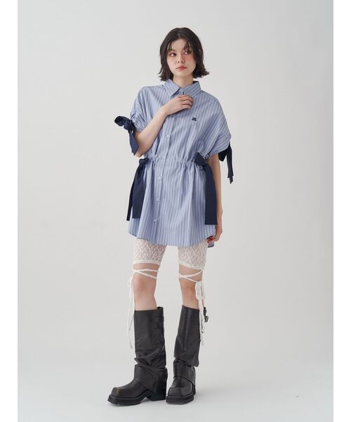ブラウス シャツ リボンタイチュニックシャツ ストライプ レディース Tiaclasse ブラウス シャツ リボンスリーブストライプチュニック