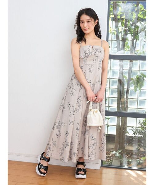 マーキュリーデュオ　リネンライクバックレースアップキャミワンピース　花柄 リネンライクバックレースアップキャミワンピース（ワンピース