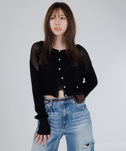 SENEE(セニー)の「cropped sheer cardigan(クロップドシアーカーディガン)(カーディガン/ボレロ・レディース・グレー/アイボリー/ブラック・FREE)」の19枚目の写真