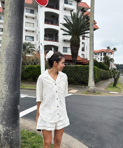 ブラウス シャツ BISOUS FANCY SHIRT／ロキシーリネンクロシェ半袖シャツ レディース セール】BISOUS FANCY SHIRT／ロキシーリネンクロシェ半袖シャツ