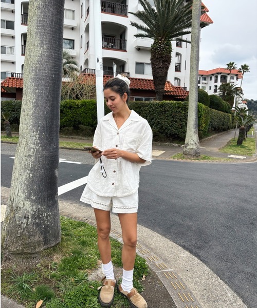 ブラウス シャツ BISOUS FANCY SHIRT／ロキシーリネンクロシェ半袖シャツ レディース セール】BISOUS FANCY SHIRT／ロキシーリネンクロシェ半袖シャツ