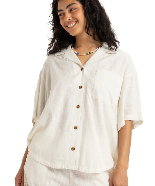 ブラウス シャツ BISOUS FANCY SHIRT／ロキシーリネンクロシェ半袖シャツ レディース セール】BISOUS FANCY SHIRT／ロキシーリネンクロシェ半袖シャツ
