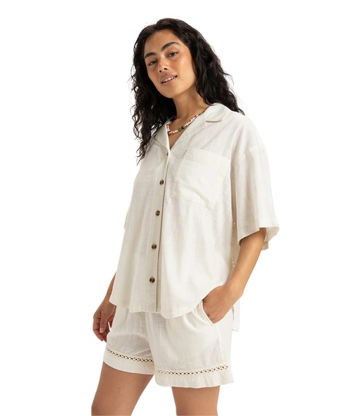 ブラウス シャツ BISOUS FANCY SHIRT／ロキシーリネンクロシェ半袖シャツ レディース セール】BISOUS FANCY SHIRT／ロキシーリネンクロシェ半袖シャツ