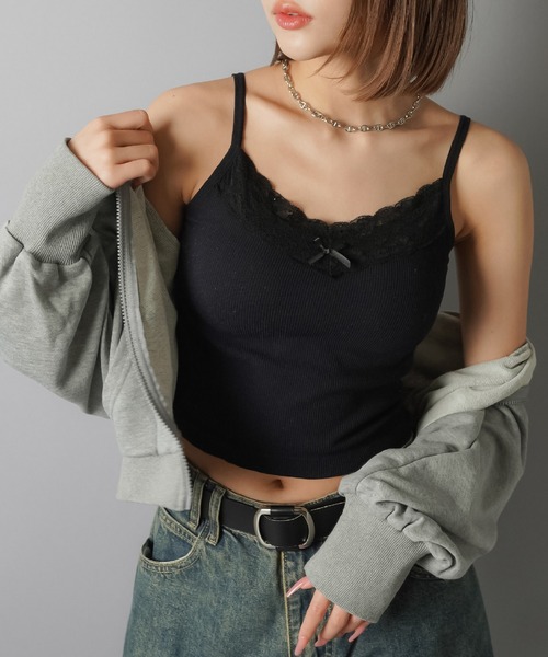 SPINNS（スピンズ）の「カップ付きキャミソール/リボン/レース（キャミソール・レディース・グレー/ブラック/ホワイト・ONESIZE）」の4枚目の写真