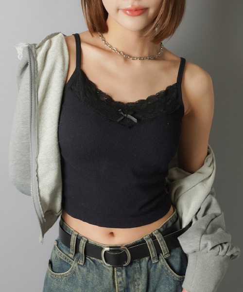 SPINNS（スピンズ）の「カップ付きキャミソール/リボン/レース（キャミソール・レディース・グレー/ブラック/ホワイト・ONESIZE）」の5枚目の写真