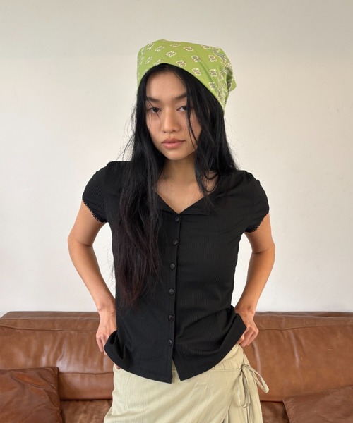 FUULLY STUDIO(フーリィーステューディオ)の「ピコレースショートスリーブリブカーデ(Tシャツ/カットソー・レディース・ブラック/ライトベージュ/ブラウン・FREE)」の7枚目の写真