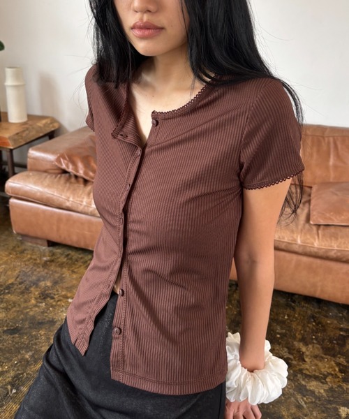 FUULLY STUDIO(フーリィーステューディオ)の「ピコレースショートスリーブリブカーデ(Tシャツ/カットソー・レディース・ブラック/ライトベージュ/ブラウン・FREE)」の19枚目の写真
