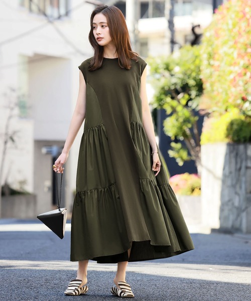 ELFRANK ワンピース ストライプブロックパターン ノースリーブロング