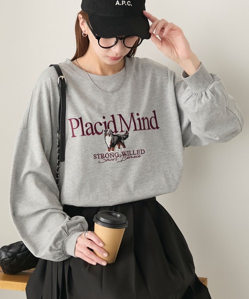 BONLECILL(ボンルシール)の「DOG刺繍ロンTEE(Tシャツ/カットソー・レディース・杢グレー/オフホワイト/ネイビー/レッド/チャコールグレー・FREE)」の3枚目の写真