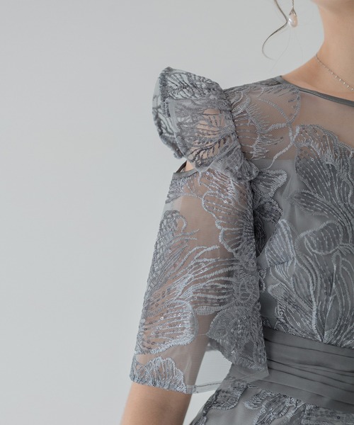 フラワーレースシアーフリルマーメイドワンピースドレス結婚式パーティー成人式二次会 一部当日発送】フラワーレースシアーフリルマーメイドワンピース