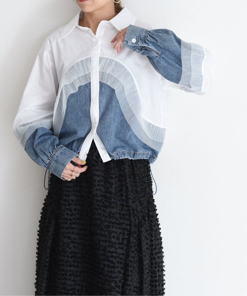 新品　今季　新作　エイミーロウ　デニムMIXドロストシャツ　ブラック 新品 今季 新作 いエイミーロウ デニムMIXドロストシャツ