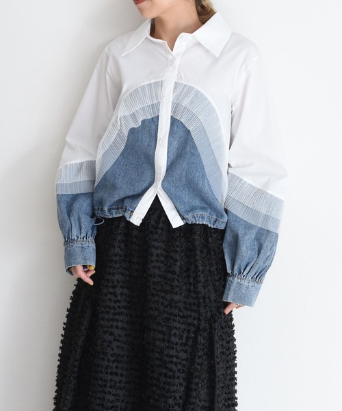 新品　今季　新作　エイミーロウ　デニムMIXドロストシャツ　ブラック デニムMIXドロストシャツ（シャツ/ブラウス）｜Eimee Law