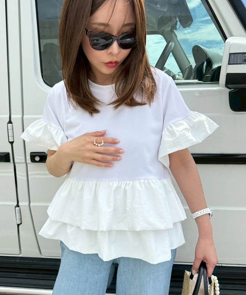 tシャツ ダブルバルーン裾フレアトップス レディース セール】ダブルバルーン裾フレアトップス（Tシャツ/カットソー