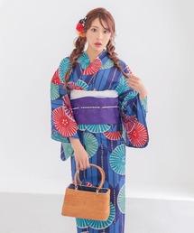 Retica（レティカ）の「浴衣セット レディース プチプラ 安い 青地 カラフル 菊柄 レトロ ストライプ ゆかた2点セット 浴衣 作り帯 かわいい（浴衣）」
