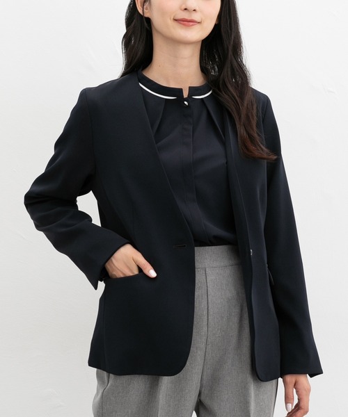 【最終価格】ノーカラー イージー ジャケット / シーズンレス ストレッチ/ウォッシャブル/イージーケア】カラーレスジャケット（ノー