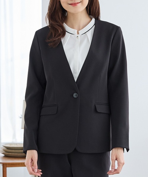 Honeys（ハニーズ）の「【ストレッチ・マシンウォッシャブル・イージーケア】カラーレスジャケット（ノーカラージャケット・レディース・ブラック/ヘザーチャコール/ネイビー/ダークベージュ・L/M/S/3L/LL）」の11枚目の写真