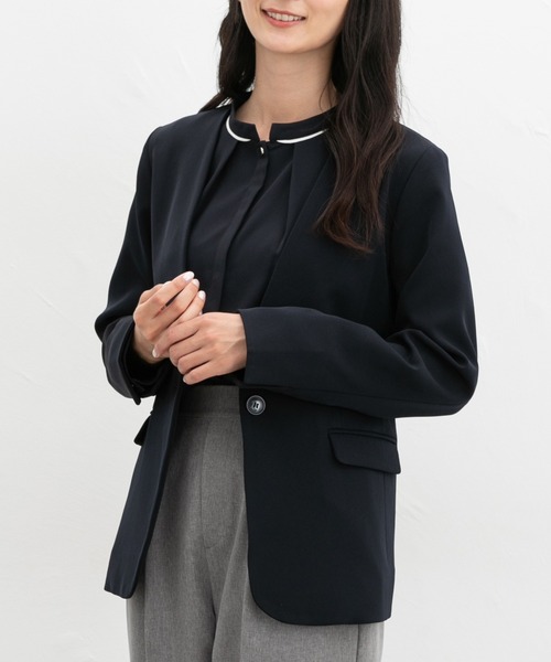 Honeys（ハニーズ）の「【ストレッチ・マシンウォッシャブル・イージーケア】カラーレスジャケット（ノーカラージャケット・レディース・ブラック/ヘザーチャコール/ネイビー/ダークベージュ・L/M/S/3L/LL）」の14枚目の写真