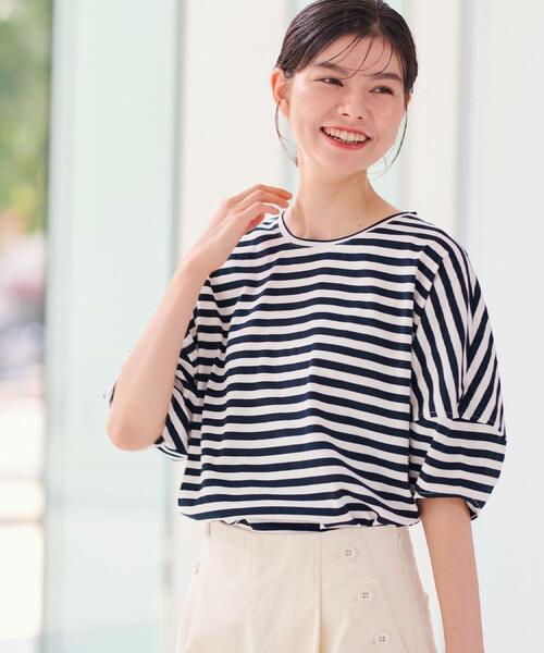 Dessin(デッサン)の「【二の腕カバー/UVカット】ランタンスリーブカットソー(Tシャツ/カットソー・レディース・ネイビー系2/ナチュラル/ピンク/ホワイト・03/02/01/00)」の2枚目の写真