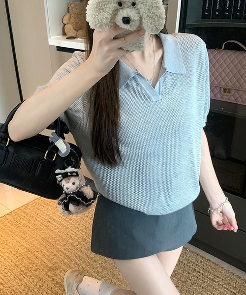 Girly Doll(ガーリードール)の「メッシュニットスキッパープルオーバー(ニット/セーター・レディース・グレー/オフホワイト/ブルー・FREE)」の18枚目の写真