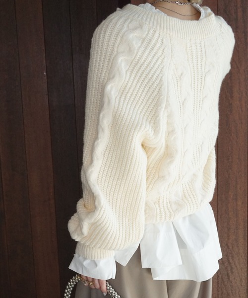 chuclla（チュクラ）の「キーネック ケーブルニットトップ chw25a039（ニット/セーター・レディース・アイボリー/ブラック・FREE）」の4枚目の写真
