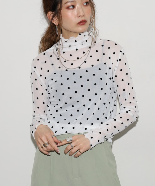crossi(クロッシー)の「フロッキー 水玉柄ドット チュールレース長袖カットソー(Tシャツ/カットソー・レディース・ブラック/ベージュ/ホワイト・FREE)」の21枚目の写真