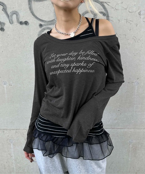 sedacle girl(セダクルガール)の「フリルキャミセットシースルーロンT(Tシャツ/カットソー・レディース・ボルドー/オフホワイト/チャコールグレー・SMALL/MEDIUM)」の2枚目の写真