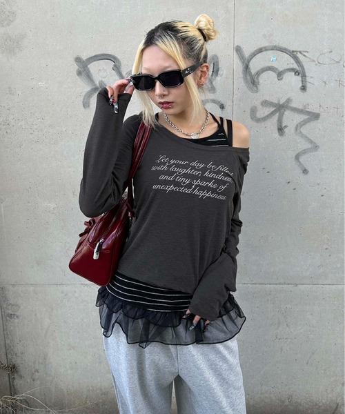 sedacle girl(セダクルガール)の「フリルキャミセットシースルーロンT(Tシャツ/カットソー・レディース・ボルドー/オフホワイト/チャコールグレー・SMALL/MEDIUM)」の15枚目の写真