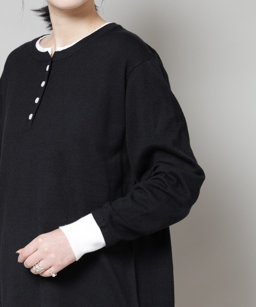 セール】レイヤード風バイカラーヘンリーネックニット（ニット