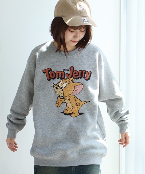 【Tom & Jerry/トム & ジェリー】アートワークデザイン 裏起毛 サガラワッペン クルーネック ロングスリーブ スウェット トレーナー