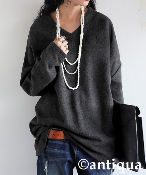 セール】シュッと美 Vネック ニットソー（ニット/セーター）｜antiqua