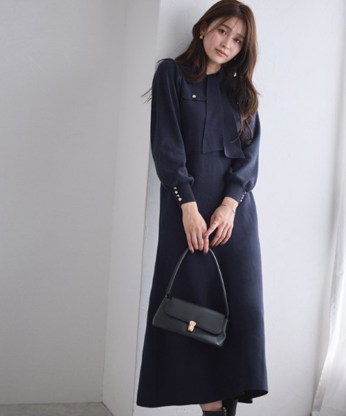 ボウタイポケットニットワンピース（ワンピース）｜Pierrot（ピエロ