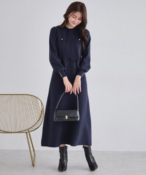 ボウタイポケットニットワンピース（ワンピース）｜Pierrot（ピエロ