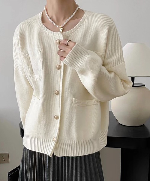 セール】クルーネックゴールドボタンポケットニットカーディガン