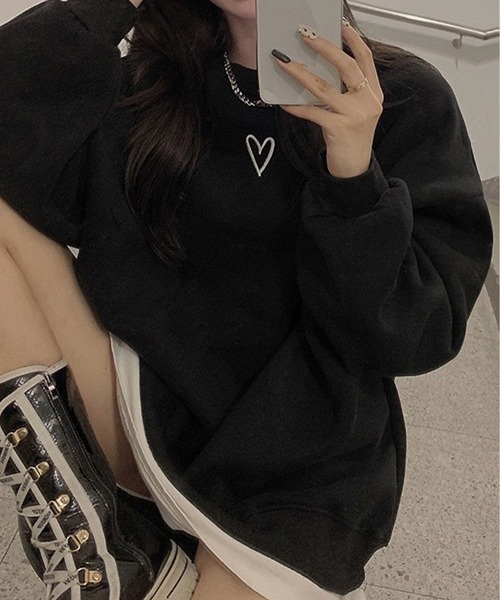 MAISON DE THERESE(メゾン ド テレーズ)の「フランネル裏起毛 ラウンドネック ロンT(ハートプリント)(Tシャツ/カットソー・レディース・グレー/ブラック・M)」の6枚目の写真