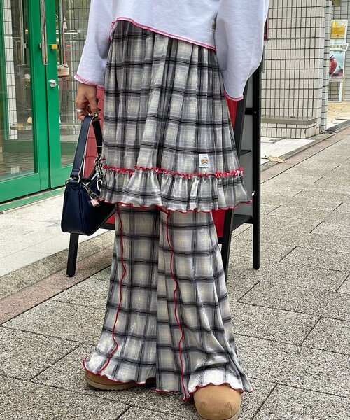 HELLO.SANFRANCISCO（ハローサンフランシスコ）の「【HELLO.SANFRANCISCO/ハローサンフランシスコ】チェックメロー切り替えフレアパンツ（その他パンツ・レディース・オレンジ/ベージュ/ブルー/グレー・SMALL/MEDIUM）」の2枚目の写真