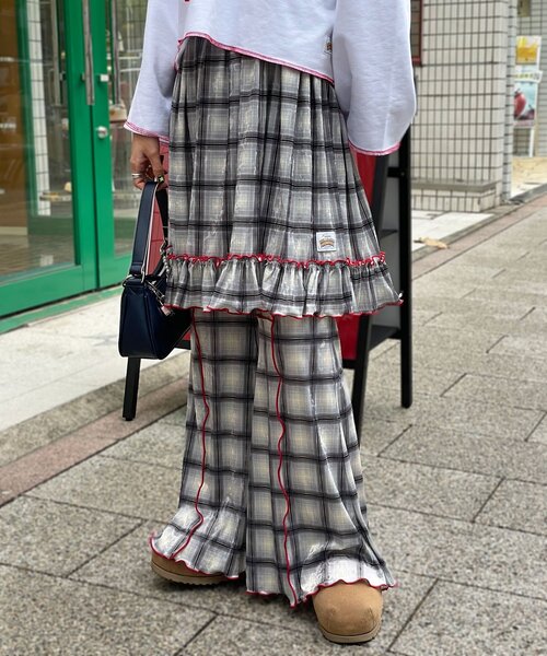 HELLO.SANFRANCISCO（ハローサンフランシスコ）の「【HELLO.SANFRANCISCO/ハローサンフランシスコ】チェックメロー切り替えフレアパンツ（その他パンツ・レディース・オレンジ/ベージュ/ブルー/グレー・SMALL/MEDIUM）」の5枚目の写真