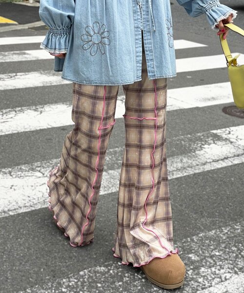 HELLO.SANFRANCISCO（ハローサンフランシスコ）の「【HELLO.SANFRANCISCO/ハローサンフランシスコ】チェックメロー切り替えフレアパンツ（その他パンツ・レディース・オレンジ/ベージュ/ブルー/グレー・SMALL/MEDIUM）」の11枚目の写真